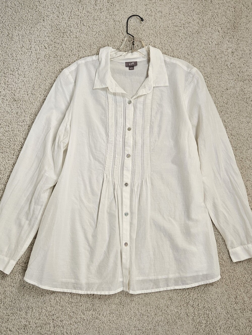J Jill Button Up Blouse Cotton Silk White Pintuck Womens L Lightweight Flaw